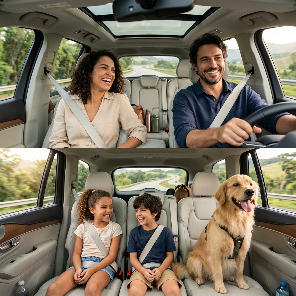 Família feliz viajando em segurança com carro revisado na Cinco Rodas